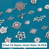 120Pcs 12 Styles Tibetan Style Zinc Alloy Connector Charms, Mixed Flower Shape, Antique Silver, 10~40x10~28x2~3.5mm, Hole: 1.2~1.8mm, 10pcs/style