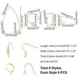 48Pcs 8 Style 304 Stainless Steel Earring Hooks, Golden, 6pcs/style