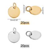 40Pcs 2 Color Ion Plating(IP) 304 Stainless Steel Charms, Stamping Blank Tag, with Jump Rings, Flat Round, Golden & Stainless Steel Color, 10x1mm, Hole: 3.5mm, 20pcs/color