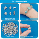 120Pcs 6 Style Tibetan Style Alloy Beads, Mermaid & Starfish & Dolphin, Antique Silver & Platinum, 6.5~20.5x9~12.5x3.5~6mm, Hole: 1~4.5mm, 20pcs/style