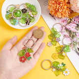 Alloy Enamel Flower & Plastic Leaf Pendant Keychain, with Iron Split Key Rings, Mixed Color, 7~8.6cm, 8 colors, 1pc/color, 8pcs/set