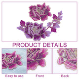 2Pcs 2 Style Peony Polyester Embroidery Sew on Clothing Patches, Flower Applique, Sewing Craft Decoration, Dark Orchid, 90~215x113~182x1~1.5mm, 1pc/style