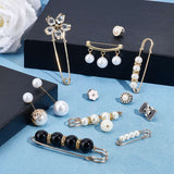 12 Styles Alloy Rhinestone Safety Brooches, with Plastic Imitation Pearl Round Beads, Mixed Shapes, Mixed Color, 16pcs/box