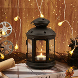Portable Iron Candle Holder with Clear Glass Window, Vintage Lantern with Hollow Star, Black, 11.9x18.5cm, Hole: 65x35mm, Inner Diameter: 8.7x8.5cm