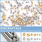 600Pcs 6 Styles 304 Stainless Steel Beads, Hollow Round, Golden & Stainless Steel Color, 2~4x2~3.5mm, Hole: 0.8~1.6mm, 100pcs/style