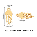 201 Stainless Steel Pendants, Jellyfish, Golden & Stainless Steel Color, 17x7x1mm, Hole: 1.5mm, 2 colors, 10pcs/color, 20pcs/box