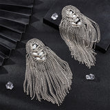 Fashionable Alloy Tassel Epaulettes, Crystal Rhinestone Shoulder Badge, with Cloth, Sew On Patches, Oval, Platinum, 188x52x8.7mm