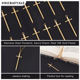 201 Stainless Steel Pendants, Sword Charm, Real 18K Gold Plated, 45x13.5x2mm, Hole: 1.8mm, 15pcs/box