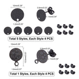 24Pcs 6 Style Flat Round with Textured 304 Stainless Steel Stud Earring Findings, with Ear Nuts/Earring Backs & Loop, Electrophoresis Black, 4pcs/style