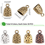 80Pcs 4 Colors  Tibetan Style Zinc Alloy Charms, Cadmium Free & Lead Free, Small Bell, Mixed Color, 14x9x5mm, Hole: 2mm, 20pcs/color