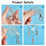 12Pcs 6 Colors Zinc Alloy Big Pendants, with ABS Plastic Beads & Lobster Clasp Clip, Woven Net/Web with Feather, Mixed Color, 118mm, 2pcs/color