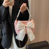 DIY Women's Bowknot Crossbody Bag Making Kits, including Thick Polyester Yarns, Imitation Leather Bag Bottoms, Plastic Bag Handles, Magnetic Clasp, Needle, Pink, 1.95~117.5x0.16~19.5x0.11~7.6cm