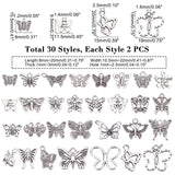 60pcs 30 Style Zinc Alloy Pendants Set, Butterfly, Antique Silver, 2pcs/style