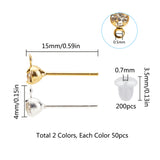 Brass Post Earring Findings, with Loop and Rhinestone, Plastic Ear Nuts, Golden & Silver, 300pcs/box