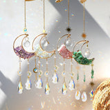 Crystal Chandelier Glass Teardrop Pendant Decorations, Hanging Sun Catchers, with Natural Amethyst Chips Beads and Brass Moon Charm, for Home Decoration, Golden, 395mm