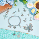 Insect Theme Tibetan Style Alloy Pendant Decoration, with Lobster Claw Clasps, Dragonfly/Bee/ButterflyLadybug, Antique Silver & Platinum, 25~52mm, 10 style, 4pcs/style, 40pcs/set