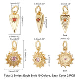 20Pcs 2 Style Brass Micro Pave Cubic Zirconia Pendants, with Jump Ring, Sun & Heart with Eye, Real 18K Gold Plated, 12~12.5x5.5~10x2.3~2.7mm, Jump Rings: 5x0.8mm, Inner Diameter: 3mm, 10pcs/style