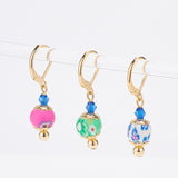 8Pcs Handmade Polymer Clay Round with Flower Pattern Dangle Leverback Earrings, Brass Jewelry for Women, Mixed Color, 33mm