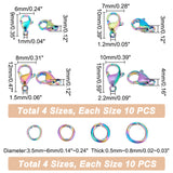 40Pcs 4 Style Ion Plating(IP) Rainbow Color 304 Stainless Steel Lobster Claw Clasps, with 40Pcs Jump Rings, 9~15x6~10x3~4mm, Hole: 1~2.2mm, 10Pcs/style