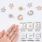 12Pcs 6 Style Rack Plating Brass Micro Pave Cubic Zirconia Charms, Long-Lasting Plated, Mixed Shape, Platinum & Light Gold, 13.5~15x12~13.5x2~3mm, Hole: 1~1.2mm, 2pcs/style