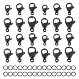 36Pcs 6 Style Vacuum Plating 304 Stainless Steel Lobster Claw Clasps, Parrot Trigger Clasps and 40Pcs 304 Stainless Steel Open Jump Rings, Electrophoresis Black, Lobster Claw Clasps: 9~15x6~9x3~4.5mm, Hole: 1.2~2mm, 6pcs/style