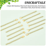30Pcs 3 Style 304 Stainless Steel Curb Chain Extender, End Chains with Chain Tabs, Heart & Oval, Golden, 58~60mm, 10Pcs/style
