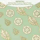 30Pcs 3 Style 304 Stainless Steel Pendants, Filigree Finding, Textured, Flat Round & Leaf & Teardrop, Golden, 20~33.5x15~19x0.5~1.2mm, Hole: 1~2mm, 10pcs/style