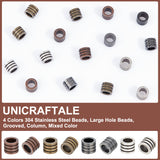 16Pcs 4 Colors 304 Stainless Steel Beads, Large Hole Beads, Grooved, Column, Mixed Color, 10x8mm, Hole: 6.5mm, 4pcs/color