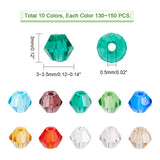 1300~1500Pcs 10 Colors Imitation Austrian Crystal Bicone Beads, Faceted Glass Beads Strands, Mixed Color, 3x3~3.5mm, Hole: 0.5mm, about 130~150pcs/strand, 15.5 inch