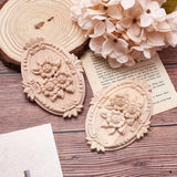 Natural Solid Rubber Wood Carved Onlay Applique Craft, Unpainted Onlay Furniture Home Decoration, Oval with Flower, BurlyWood, 127x91.5x14mm, 2pcs/set