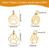 24Pcs 2 Style 304 Stainless Steel Pendants, Flat Round with Dog Paw Prints , Golden & Stainless Steel Color, 13~14x12x1mm, hole: 4mm, 6pcs/color