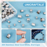 304 Stainless Steel Cord Ends, End Caps, Mixed Size, with Bead Container, Stainless Steel Color, 7.4x7.2x1.7cm, about 100pcs/box