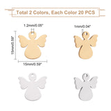 40Pcs 2 Colors 304 Stainless Steel Charms, Laser Cut, Angel, Golden & Stainless Steel Color, 15x15x1mm, Hole: 1.2mm, 20pcs/color