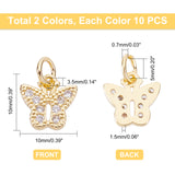 20Pcs 2 Colors Brass Micro Pave Clear Cubic Zirconia Pendants, with Jump Rings, Butterfly, Real Gold Plated & Real Platinum Plated, 10x10x1.5mm, Hole: 3.5mm, 10pcs/color