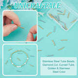 30Pcs 2 Colors 304 Stainless Steel Tube Beads, Diamond Cut, Curved Tube, Golden & Stainless Steel Color, 15x2mm, Hole: 1mm, 15pcs/color
