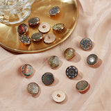 18pcs 9 style 1-Hole Zinc Brass Enamel Shank Buttons, with Alloy Findings, Half Round, Mixed Patterns, 18x7~8mm, Hole: 2mm, 2pcs/style
