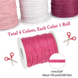 4 Rolls 4 Colors Waxed Cotton Thread Cords, Pink, 1mm, about 100 yards(300 feets)/roll, 1 roll/color