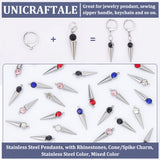 30Pcs 5 Colors 202 Stainless Steel Pendants, with Rhinestones, Cone/Spike Charm, Stainless Steel Color, Mixed Color, 23x6x5mm, Hole: 1.2mm, 6pcs/color