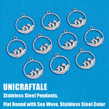 10Pcs 304 Stainless Steel Pendants, Flat Round with Sea Wave, Stainless Steel Color, 21x18x1.5mm, Hole: 1.5mm