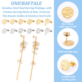 24Pcs 12 Style Ion Plating(IP) 304 Stainless Steel Stud Earring Findings, with Friction Earring Backs & Hole, Textured, Flat Round, Golden & Stainless Steel Color, 10x1mm, Hole: 1.2~1.4mm, Pin: 0.7~0.8mm, 2Pcs/style