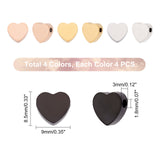 16Pcs 4 Colors 304 Stainless Steel Beads, Heart, Mixed Color, 8.5x9x3mm, Hole: 1.8mm, 4pcs/color