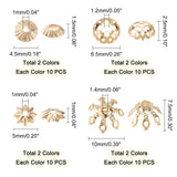 80Pcs 4 Styles 3 Colors Brass Bead Cap, Long-Lasting Plated, Multi-Petal Flower, Mixed Color, 5x1mm, Hole: 1mm & 4.5x1.5mm, Hole: 1mm & 10x7.5mm, Hole: 1.4mm & 6.5x2.5mm, Hole: 1.2mm