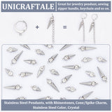 30Pcs 3 Styles  202 Stainless Steel Pendants, with Rhinestones, Cone/Spike Charm, Stainless Steel Color, Crystal, 14~23x6x5~5.5mm, Hole: 1.2mm, 10pcs/style