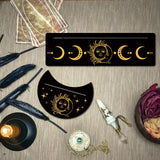 2Pcs 2 Style Carved Wood Candle Holders, Wooden Card Stand for Tarot, Witch Divination Tools, Moon-shaped & Rectangle, Black, Sun Pattern, 130~254x76.2~100x5mm, 1pc/style
