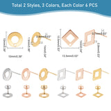 36Pcs 6 Style 304 Stainless Steel Stud Earring Findings, Square/Rhombus & Flat Round, Mixed Color, 13.5x13.5x0.8mm, Pin: 0.7mm, 10x1mm, Pin: 0.8mm, 6pcs/color