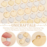 160Pcs 4 Styles 201 Stainless Steel Laser Cut Charms, Blank Stamping Tag, Heart & Flat Round, Golden & Stainless Steel Color, 9.5~10x9.5~10x1mm, Hole: 1.2mm, 40pcs/style