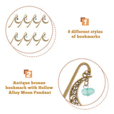 1 Set Tibetan Style Alloy Hook Bookmarks, Crescent Moon Pendant Bookmark, Dangle Gemstone & Glass Chip Charm Book Marker, Antique Bronze, 121mm, 8pcs/set