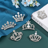 6Pcs 6 Style Crystal Rhinestone Crown Brooch Pins with Plastic Pearl Beaded, Alloy Lapel Pins for Women, Platinum, 25~33x35~50x4.3~11.5mm, Pin: 0.8mm, 1Pc/style