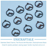 201 Stainless Steel Charms, Flat Round with Mountain, Electrophoresis Black, 14x12x1mm, Hole: 1.2mm, 12pcs/box