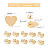 20Pcs 2 Colors Ion Plating(IP) 304 Stainless Steel Stud Earring Findings, with Ear Nuts/Earring Backs and Hole, Heart Shape, Golden & Stainless Steel Color, 12x13x1mm, Pin: 0.8mm, 10pcs/color
